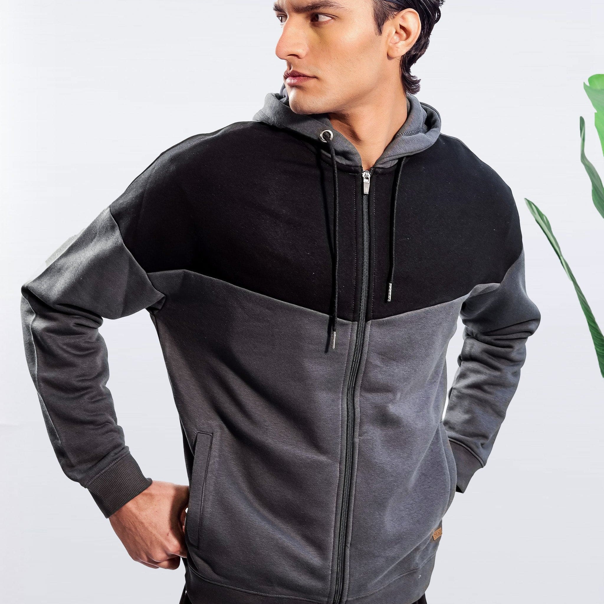 Charcoal panel Zipper Hoodie
