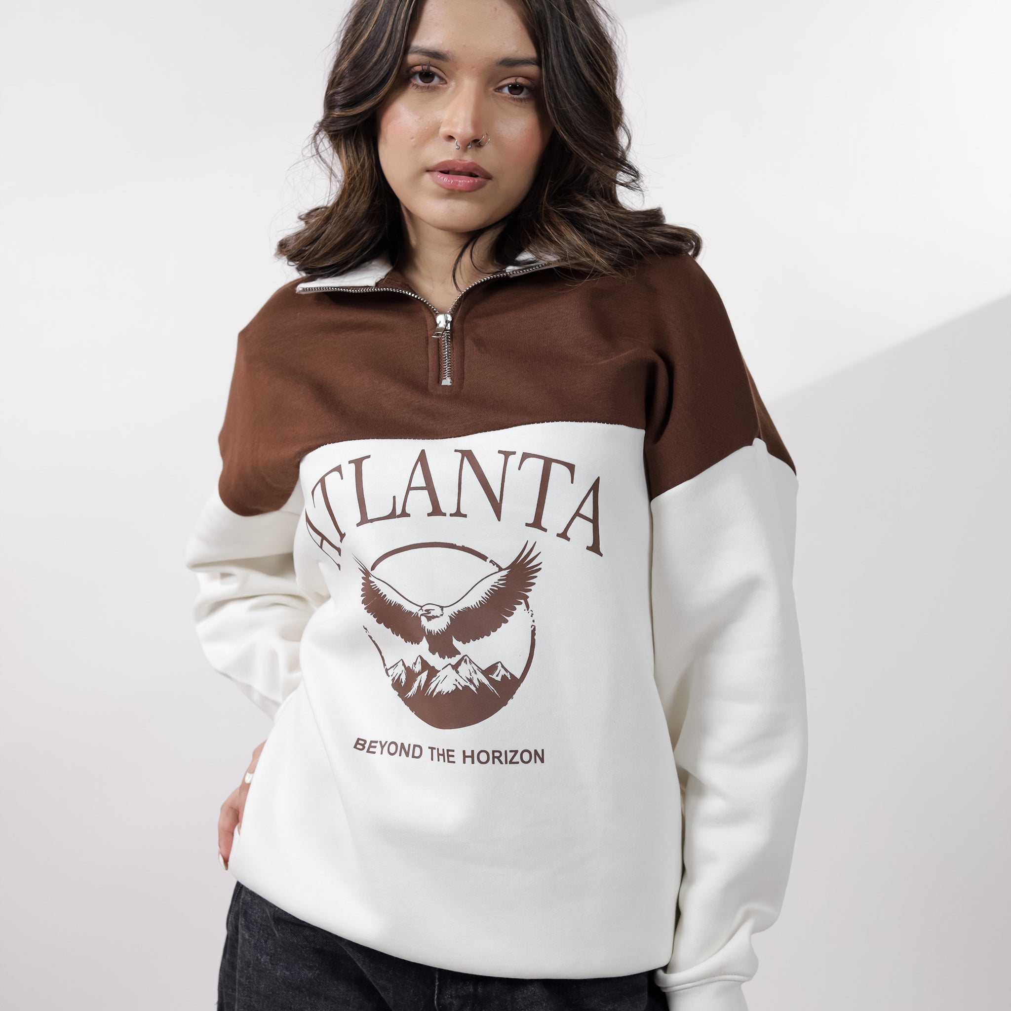 Brown & Off White Quarter Zipper