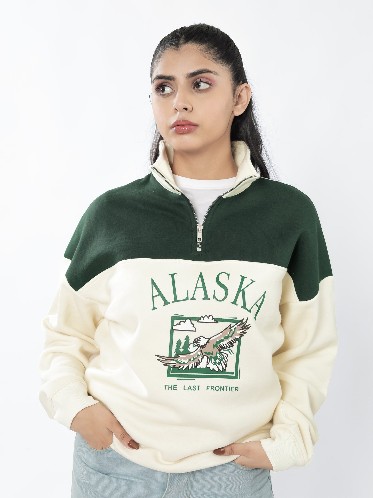 Beige & Green Quarter zipper