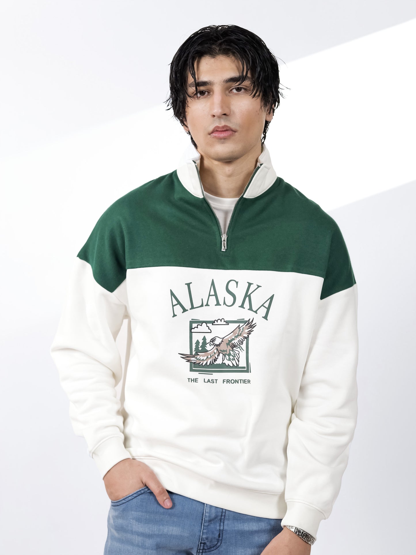 Beige & Green Quarter zipper