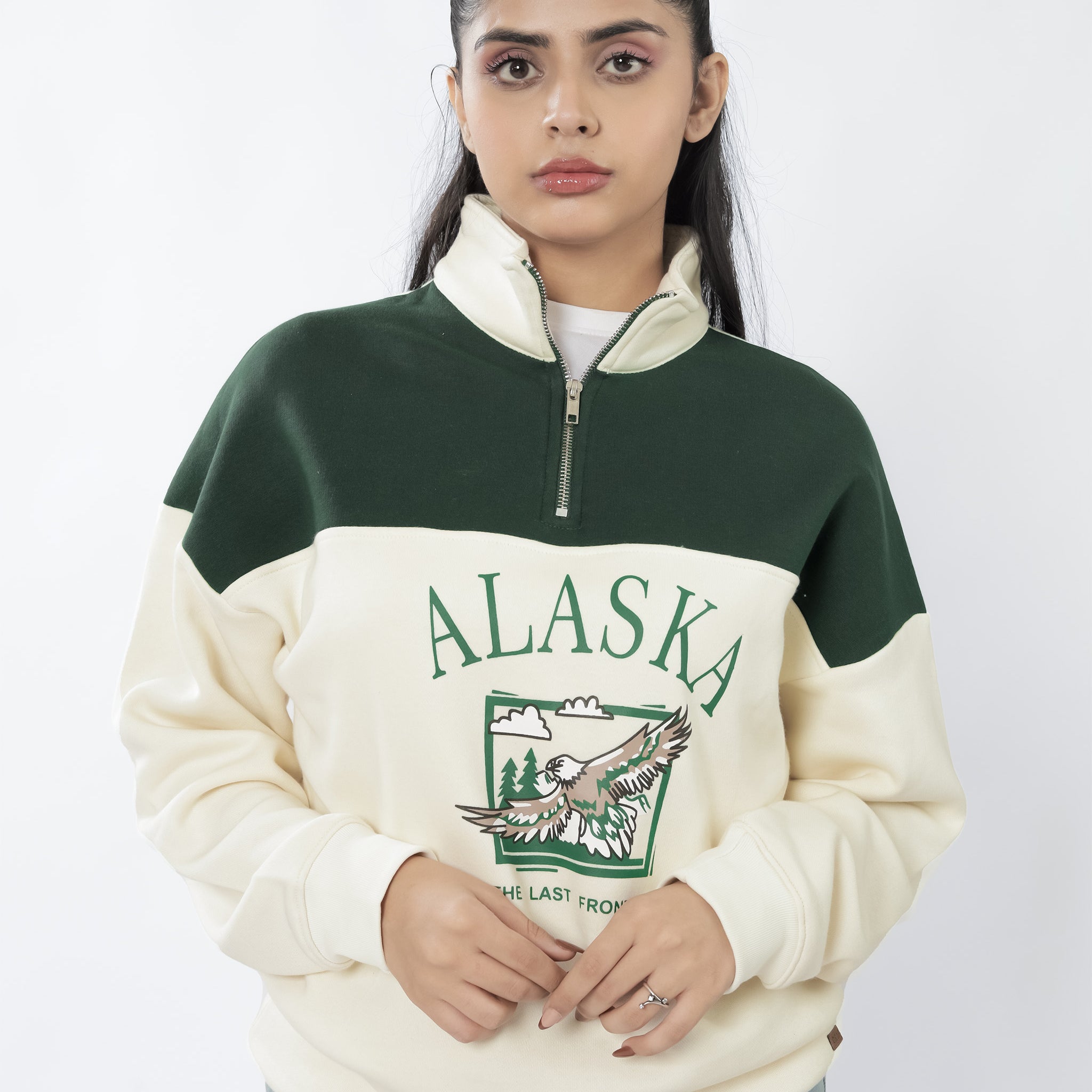 Beige & Green Quarter Zipper