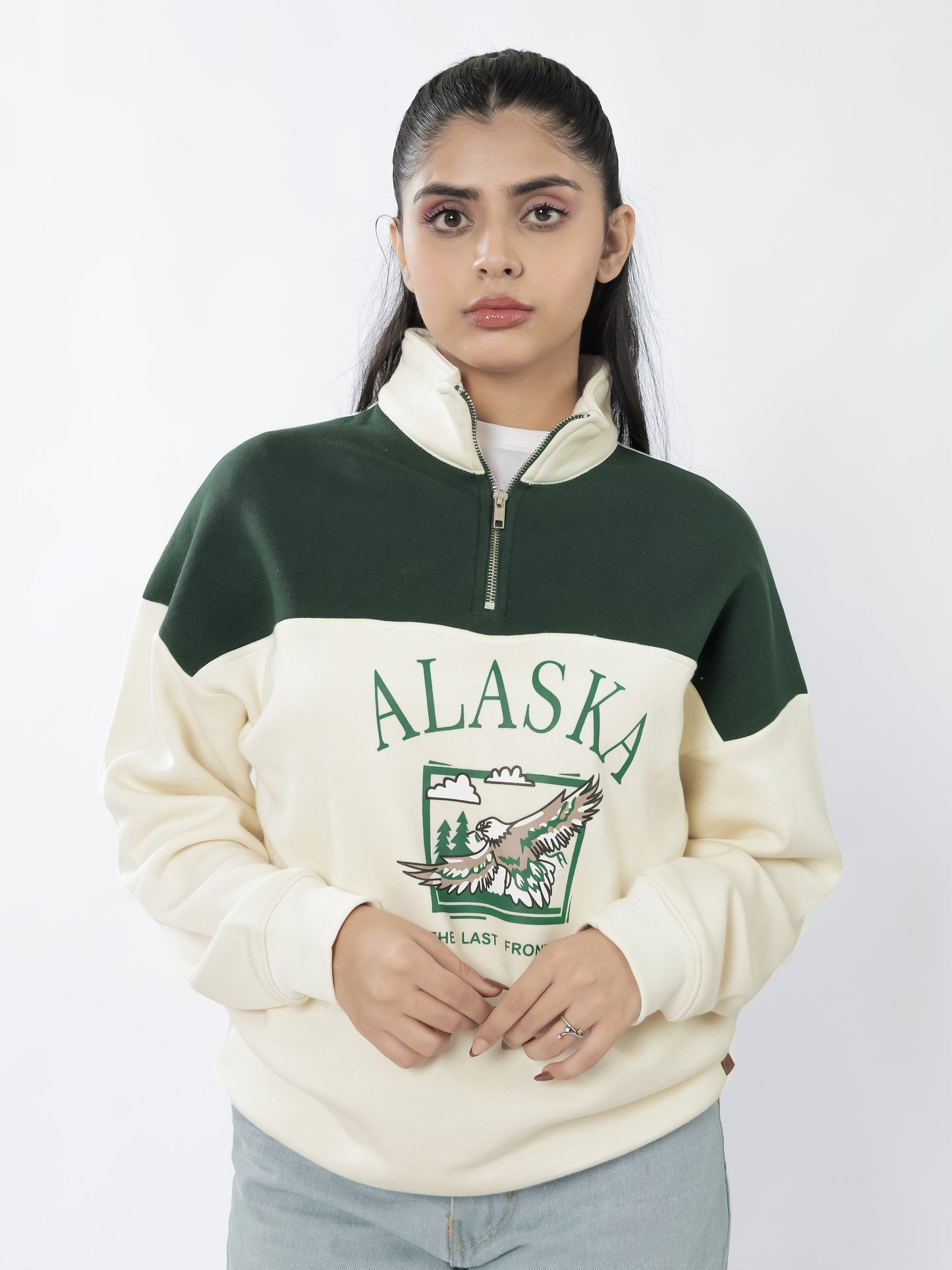Beige & Green Quarter Zipper