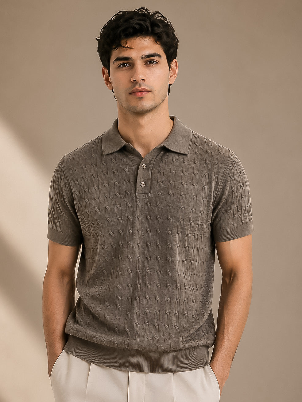 Brown Cable Knit Polo