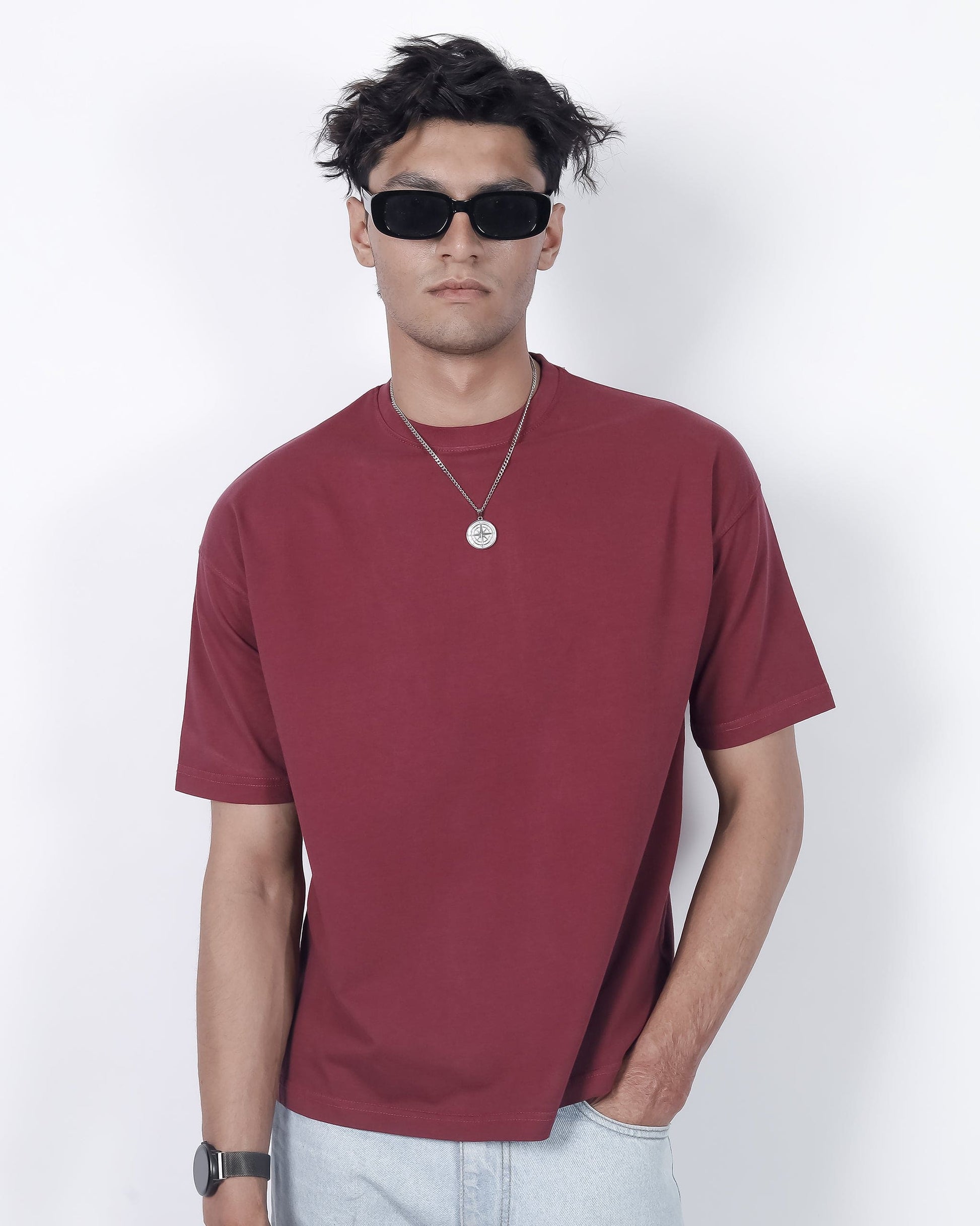 red oversized tee