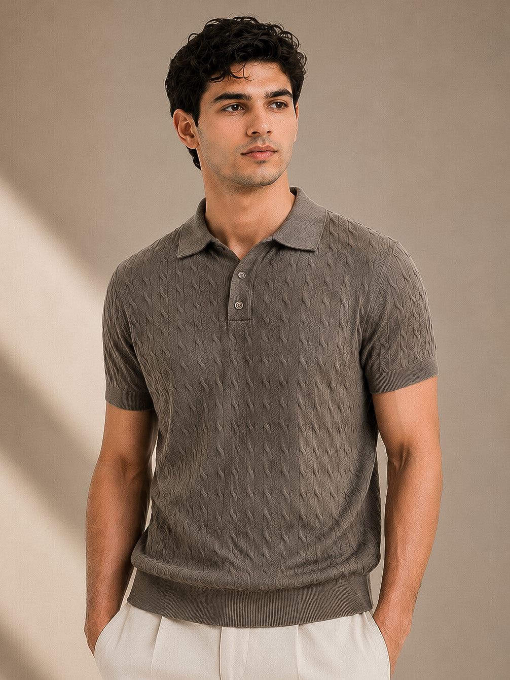 Brown Cable Knit Polo