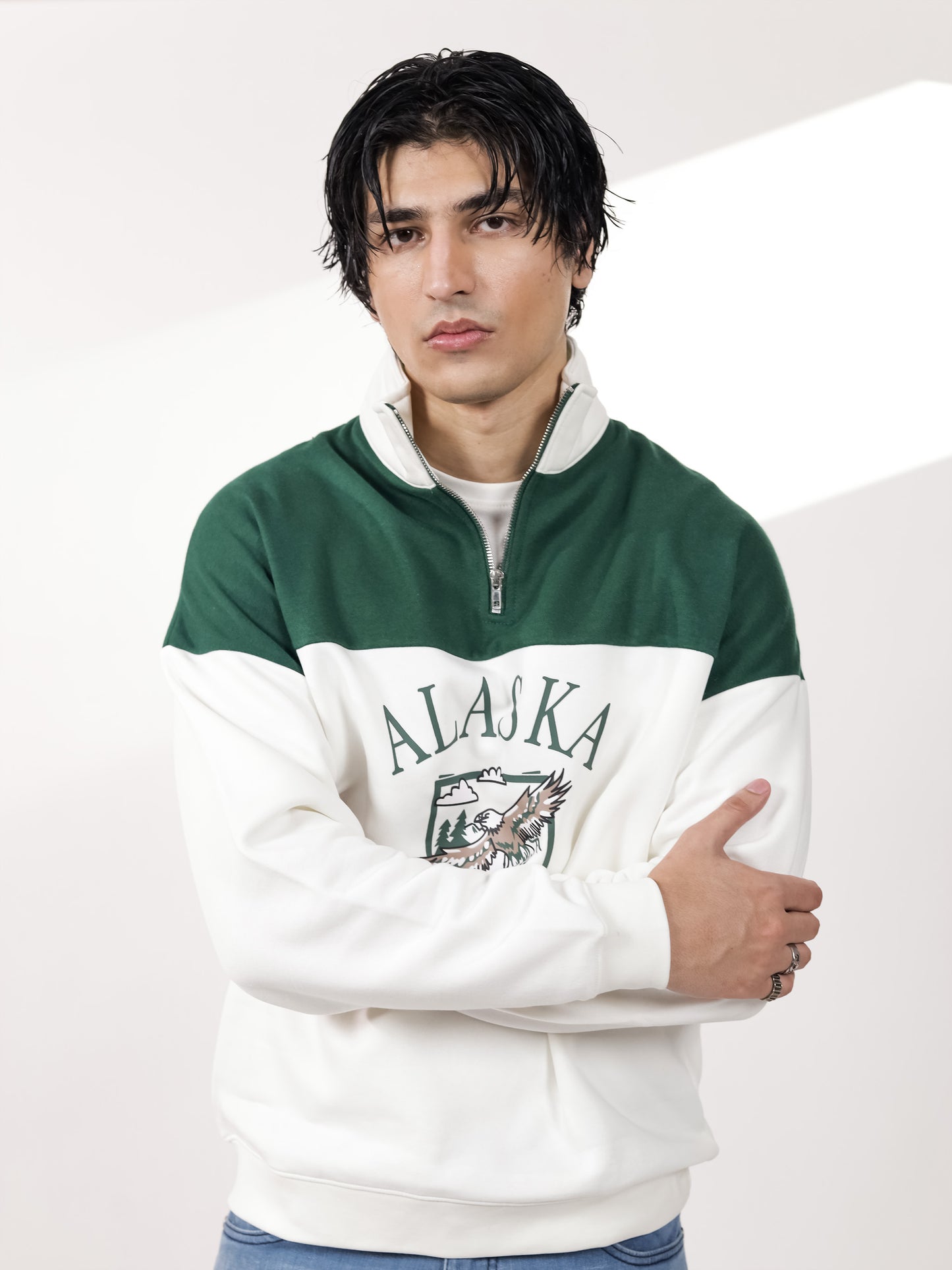 Beige & Green Quarter zipper