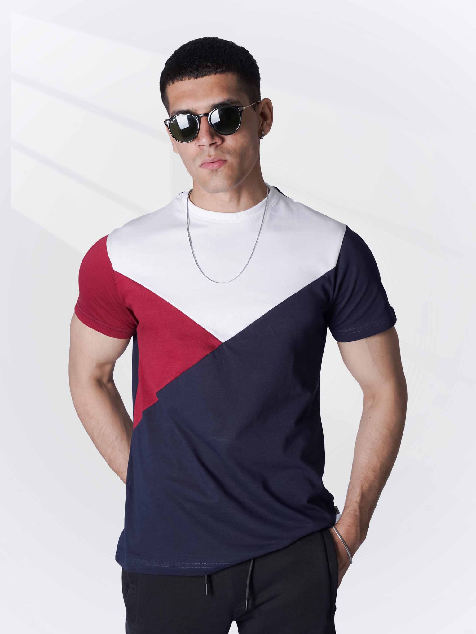 Navy Red Color Panel T-Shirt
