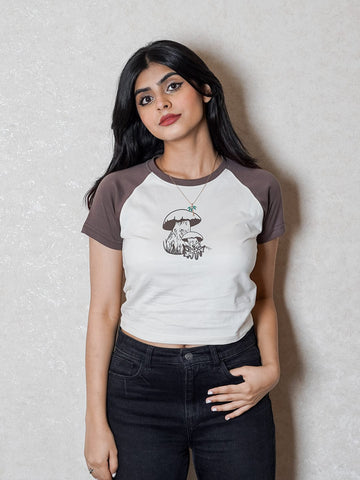 Brown Raglan Graphic Crop Top